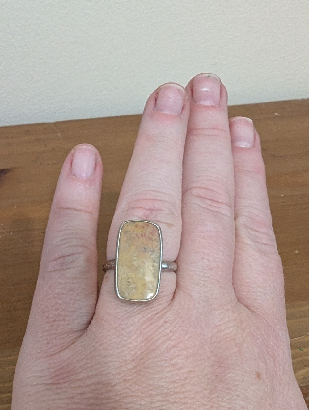 Sterling Silver Beige Jasper Rectangular Statement Ring Size 10